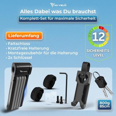 Замок для велосипеда MIVELO, складний, висока безпека, 85 см, з ключем та кріпленням. Підходить для електровелосипеда, MTB та шосе