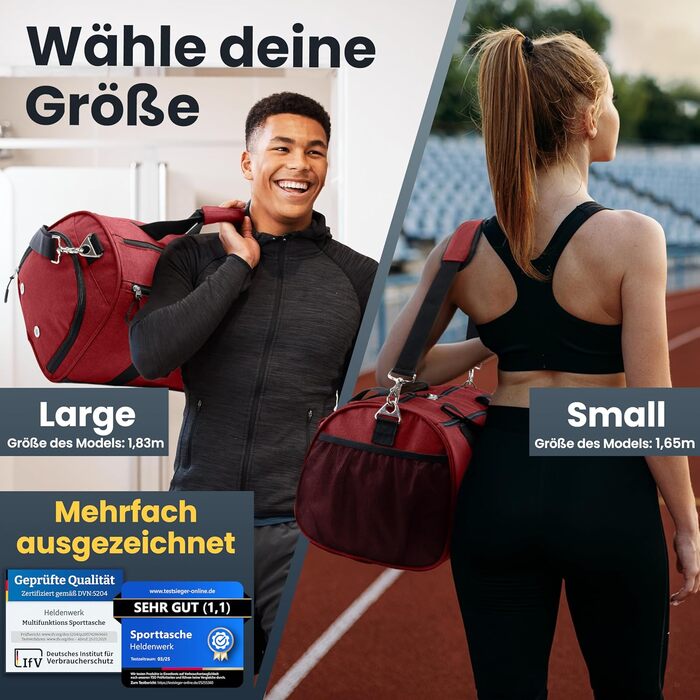 Спортивна сумка Heldenwerk® для жінок та чоловіків, 58 x 31 x 31 см, 50 л. З відділенням для взуття та мокрих речей. Ідеальна для подорожей, спортзалу та тренувань.