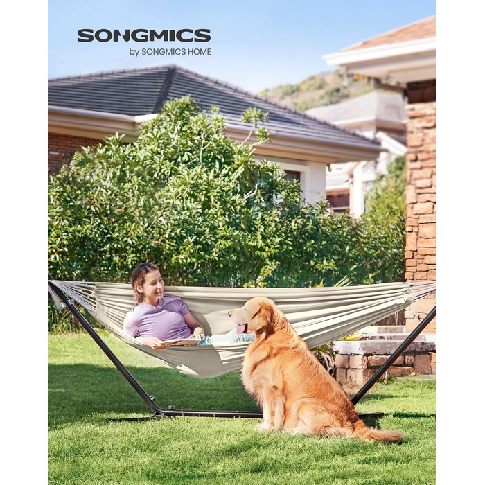 Гаммак SONGMICS 210x150 см, подвійний, 300 кг, для тераси, балкону, саду, кемпінгу, з сумкою, ременями та карабінами (Бежевий)