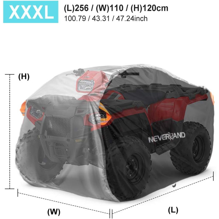 Водонепроникний чохол на квадроцикл NEVERLAND ATV (XXXL, 210x120x115 см) з тканини 300D Oxford, захисний покрив від дощу, пилу та UV-променів, чорно-сріблястий