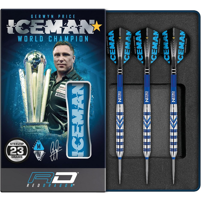 Дротики для дартсу RED DRAGON Gerwyn Price Iceman Originals, вольфрамові, 23 г, з оперенням та стрижнями