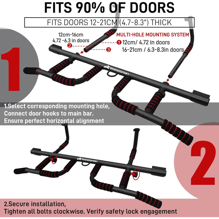 RHINOSPORT Турнік для дверного прорізу – турнік для підтягувань на двері з багатохватним грифом – без свердління, нековзке покриття до 200 кг (440 фунтів) – для дверей 65-92 см