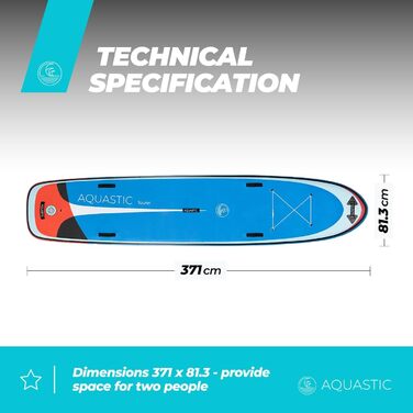 Надувна SUP-дошка AQUASTIC Tourer 12'2, 374 см, для 2 осіб, синя, з двома веслами та насосом, міцна еко Dropstitch MSL для водних прогулянок
