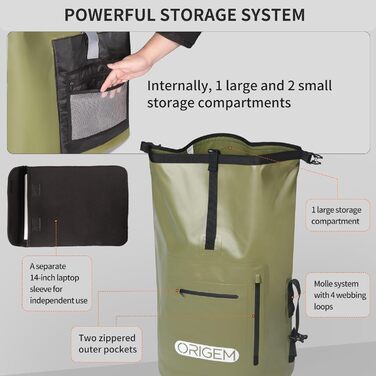 Водонепроникний рюкзак Origem 35/85L Rolltop, 55L, Dry Bag з відділенням для ноутбука, для каякінгу, риболовлі, рафтингу, дайвінгу та повсякденного використання (армійний зелений)