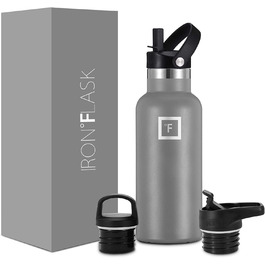 Фляга з нержавіючої сталі з 3 кришками - термофляга, витокозахисна, металева, двостінна, ізольована, без BPA, з трубочкою - 470 мл, графітовий колір