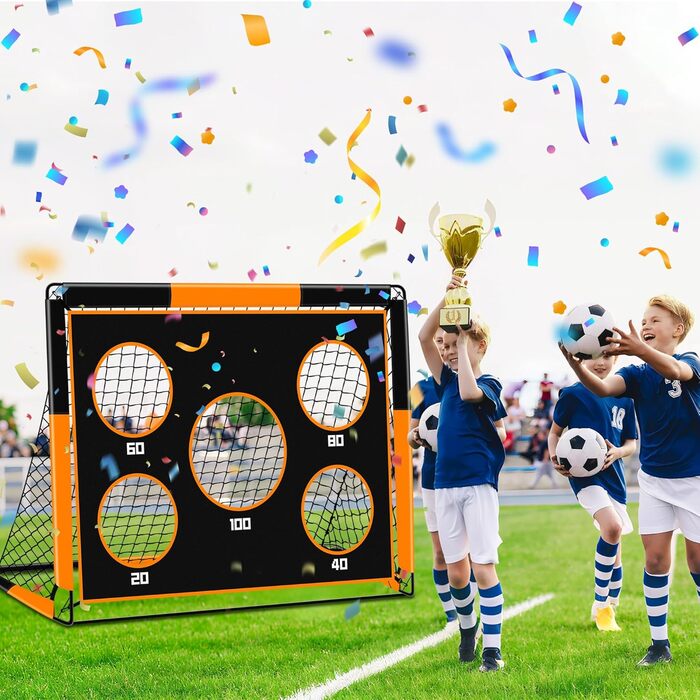 Дитячі воріта для футболу 2-в-1, 150х120 см, портативні та стабільні, з 5 зонами для забивання, 4 кілочки для кріплення та сумка для перенесення, для саду, парку, пляжу, оранжеві