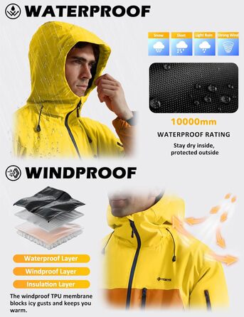 Чоловіча лижна куртка GEMYSE з інтегрованими підтяжками та капюшоном. Тепла водонепроникна зимова куртка-вітрівка для сноубордингу та хайкінгу. Розмір XXL. Кольори: золотисто-жовтий та реальгар-коричневий