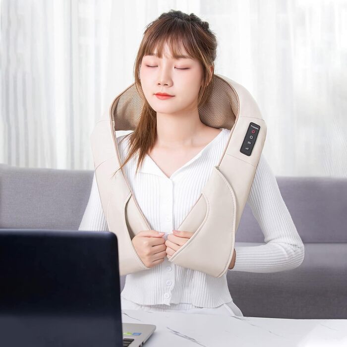 Електричний масажер для шиї та плечей Shiatsu з підігрівом, 3D ротація, 3 рівні інтенсивності, для м'язової релаксації, бежевий
