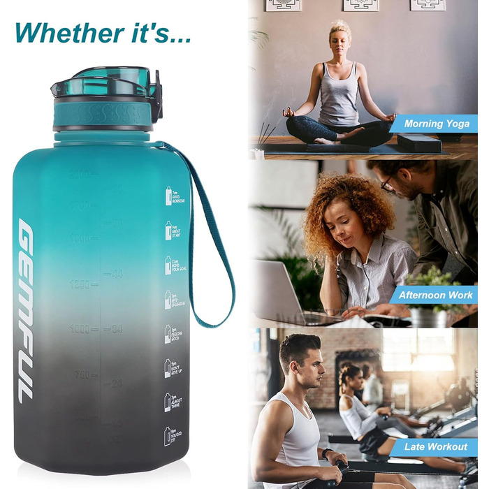 Спортивна пляшка для води GEMFUL 2.2L з ручкою та позначками часу - ідеальна для фітнесу та повсякденного використання (зелений/чорний)