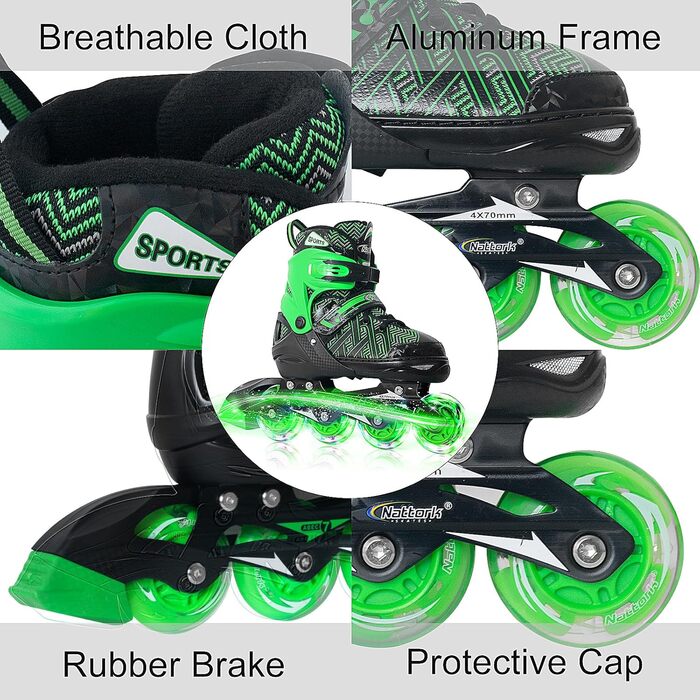 Роликові ковзани Nattork для хлопчиків з підсвічуванням, розмір 32-36, зелені