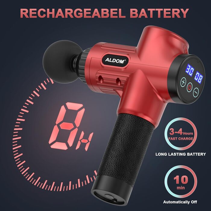 Масажер для м'язів, електричний масажний пістолет з 30 швидкостями та 8 насадками (червоний)