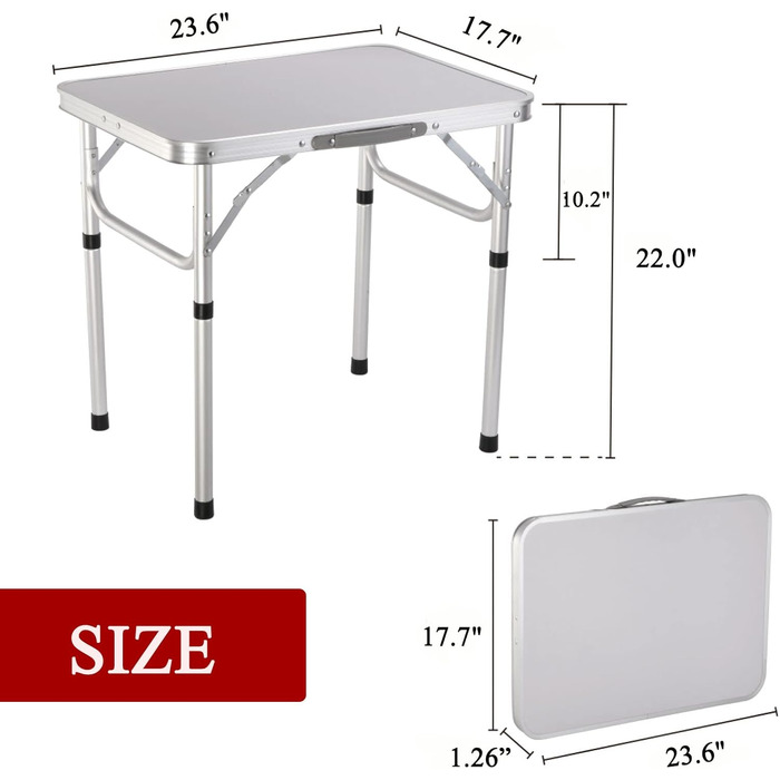 Складаний столик 60 см, портативний, для кемпінгу та пікніків, сад, на вулицю. Складаний стіл з алюмінієвим каркасом, регульована висота, 60 x 45 x 26 см, білий