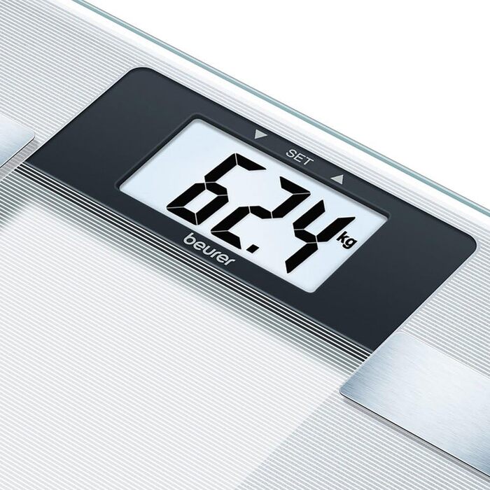 Діагностичні ваги Beurer BG 13 зі скла з великою LCD-індикацією, вимірюють вагу, жир, воду, м'язову масу та ІМТ