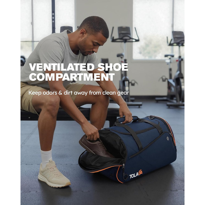 Спортивна сумка Tolaccea 47L з відділенням для взуття та мокрого одягу - рюкзак-дуffel для фітнесу, тренувань, басейну, подорожей (Темно-синій)