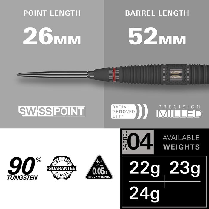 Професійний набір дротиків Target Darts Scope Swiss Point, 90% вольфрам, для гри в дартс, стілдарти червоно-чорні, з інструментом, 21-25 г