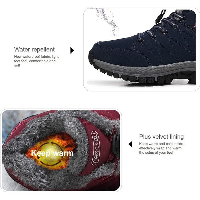 Жіночі зимові чоботи - тепла підкладка, водонепроникність, трекінгові та туристичні черевики, зимові короткі чоботи, Outdoor взуття, синій, 38.5 EU