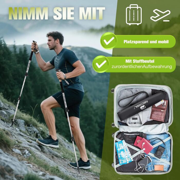 Телескопічні палиці для скандинавської ходьби Nordic Walking з корковими ручками, алюмінієві регульовані палиці для хайкінгу та прогулянок, 62–135 см, чорні (Upgrade 2025)