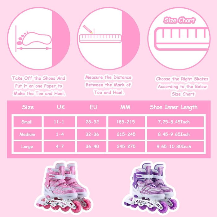 Дитячі ролики Kinder для дівчаток, регульовані на 4 розміри, світлові колеса, рожеві (EU 36-40)