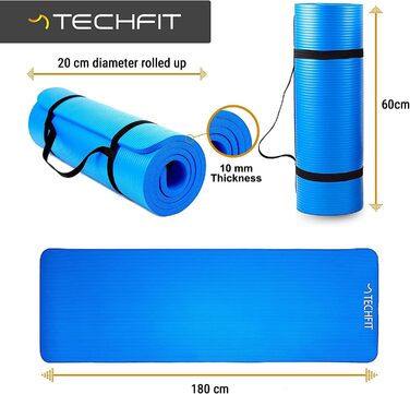 Йога мат TechFit: антиковзаюча, товста (10 мм), для фітнесу, пілатесу, кемпінгу, аеробіки (блакитна)