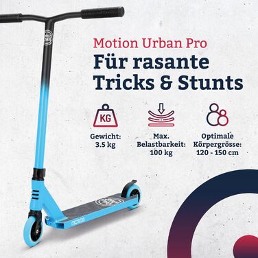 Трюковий самокат Motion Urban Pro для дітей та підлітків від 8 років, преміум, ABEC 9, колеса 110 мм, міцний, для скейтпарку та школи, чорний-синій