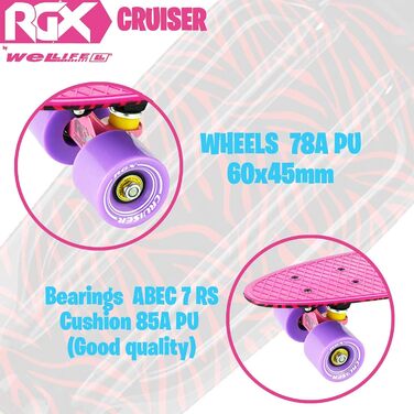 Скейтборд WeLLIFE Mini Cruiser RGX 56 см рожевий, PU 78A, ABEC-7RS, для підлітків і дорослих