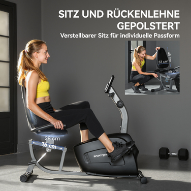 Велотренажер, магнітний лежак, 8 рівнів опору, регульований, РК-дисплей, метал, пластик, чорний