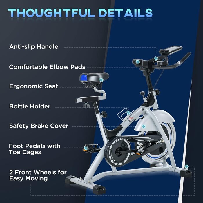 Велотренажер HOMCOM Speedbike для дому, 15 кг маховик, регульоване навантаження, LCD-монітор, до 180 кг, метал/ABS, сріблястий+чорний