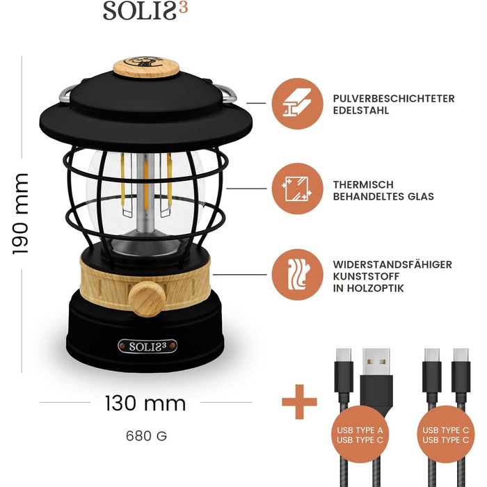 Ліхтар кемпінговий Solis 3 з акумулятором 8000mAh, Powerbank, регульоване світло, IP44, LED, для туризму (Cremeweiß/Schwarz, Holzeffekt)