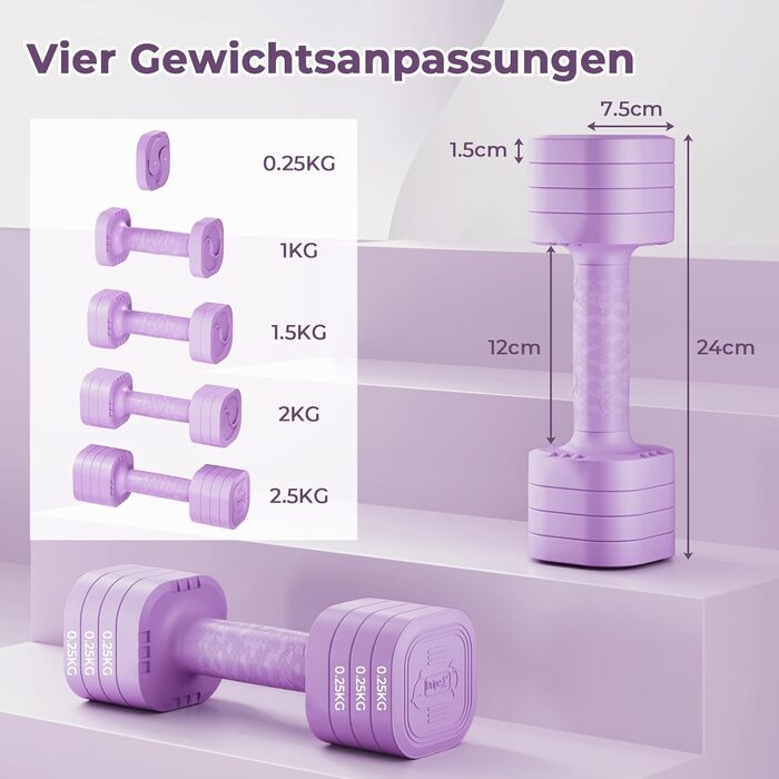 Набір гантелей Dripex регульовані 5 кг x2 або 2.5 кг x2, 6 швидкознімних дисків 0.5 кг/0.25 кг (фіолетовий, 2.5 кг x2)