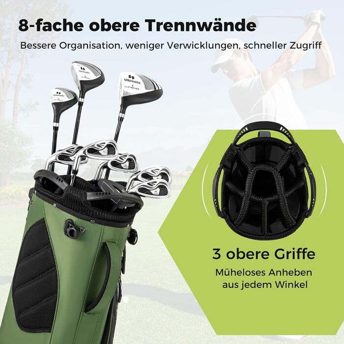 Сумка для гольфу COSTWAY Standtasche з підставкою, 8 відділень, водонепроникна накидка, легка, з 5 кишенями та підставкою для олівців, для чоловіків та жінок (Зелена)