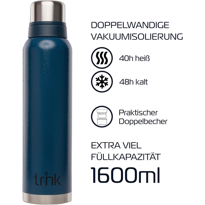 Термос trnk Outdoor Polar 2, 1600 мл, нержавіюча сталь, блакитний, BPA-free, 40 годин збереження тепла, 2 чашки, для походів, можна мити в посудомийній машині