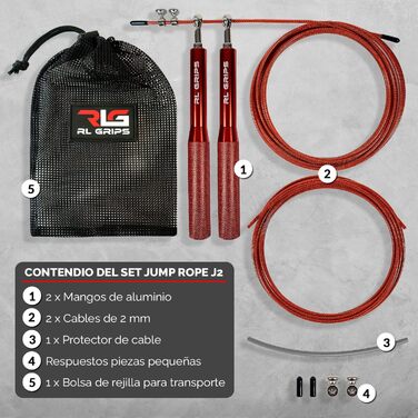 RL Grips® Скакалка для кросфіту з алюмінієвою ручкою - Скакалка з тросом 2 мм - Для кардіотренувань, фітнесу та занять у залі (Червона (Скакалка + запасні частини))