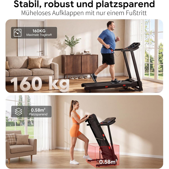 Бігова доріжка для дому складана з автоматичним нахилом 15%, Walking Pad 14 км/год, 3.0 к.с., 12 програм тренувань, фітнес-додаток, макс. навантаження 160 кг, чорна