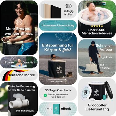 Ice Pod XL від Wim Spa: складане ізольоване ice bath (80 см Ø) для холодної терапії, з термометром та eBook, включає дощовий чохол