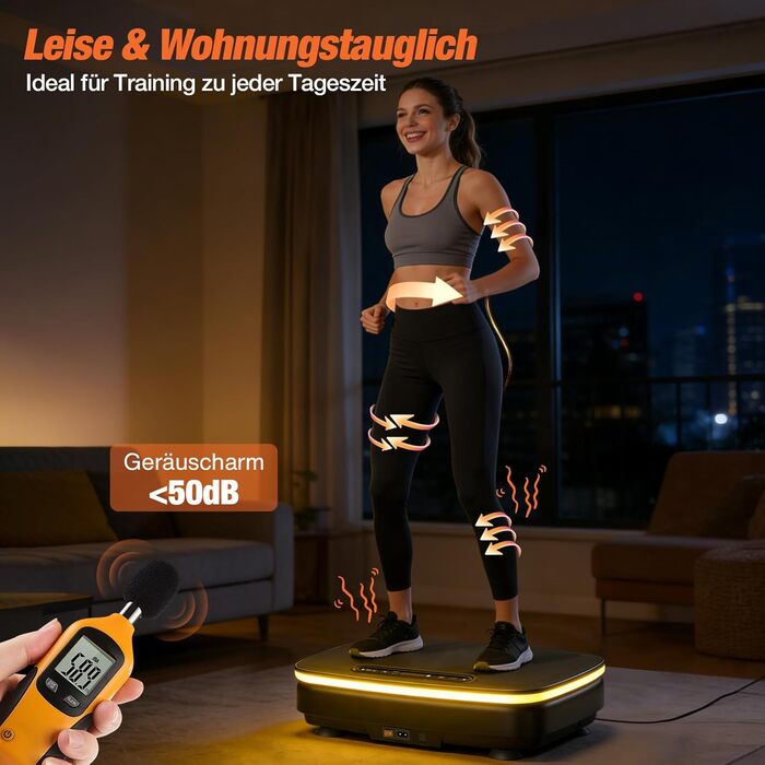 Вібраційна платформа DH FitLife для дому | Рюттельплатта з 0–99 рівнями та таймером | 9 автоматичних програм | Тиха вібраційна платформа з присосками | Підсвічування та Bluetooth-динамік | З ременями | Макс. 150 кг