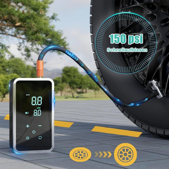 Портативний електричний компресор-насос з сенсорним екраном, 150 PSI, 4 режими, для авто, мотоцикла, велосипеда та м'ячів, Powerbank і LED-ліхтар