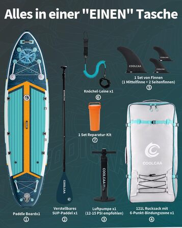 SUP дошка COOLCAA Trail Blazer-1 надувна, 355 см, ширина 86 см, вантажопідйомність 222 кг, з аксесуарами та сумкою для перенесення, для дорослих