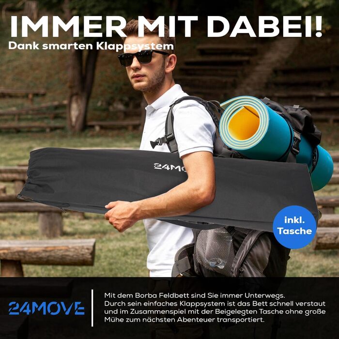 Розкладне ліжко 24MOVE® для кемпінгу та відпочинку на природі, 190x67x34 см, чорне