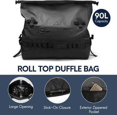 Водонепроникний рюкзак Haimont 90L, RollTop, для пляжу, човнів, каяків, кемпінгу, риболовлі та мотоциклів (Чорний)