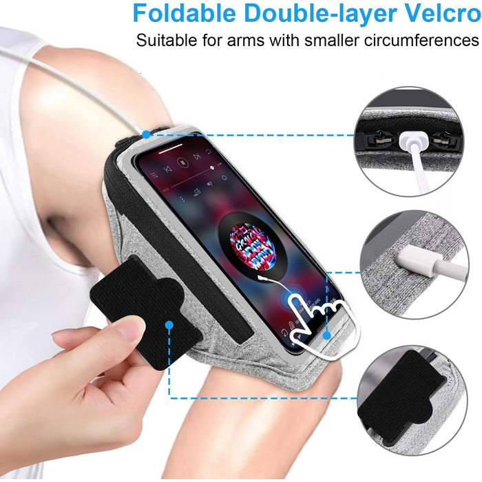 Спортивний браслет для телефону з кишенею для навушників, чохол для телефону для бігу 6.9 дюймів, кріплення на руку для iPhone 17 16 15, спортивний браслет, знімний тримач для телефону, для джоггінгу (світло-сірий)