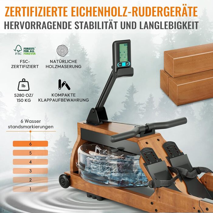 Водний тренажер Advamsoler для дому, складаний, з масивного дерева, Bluetooth-монітор, до 150 кг, R623-51-NEU