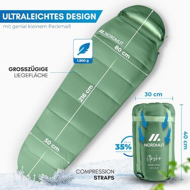 Сплячий мішок NORDMUT® Winter -10°C до 0°C, компресійний, для трекінгу та кемпінгу, 1.8 кг, водонепроникний, 350 GSM (зелений)