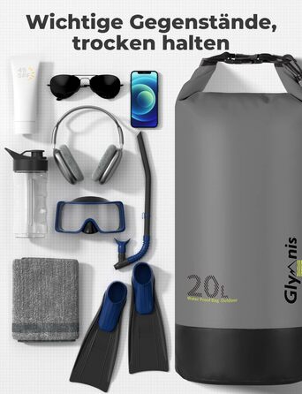 Водонепроникний мішок Glymnis 20L: міцний рюкзак для водного спорту, пляжу, подорожей та кемпінгу (чорний)