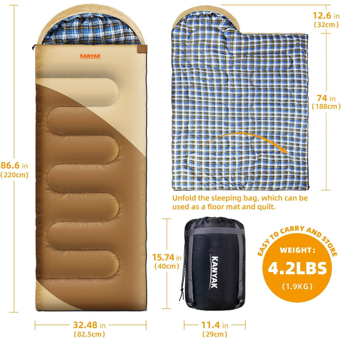 Спальний мішок для кемпінгу: дорослий, дитячий, підлітковий, 3-4 сезони, холодний клімат, теплий, для подорожей та відпочинку на природі (бежевий, землисто-жовтий)