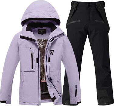 Жіночий сніговий костюм HOUZONIY: комплект куртки та штанів для катання на лижах та сноуборді, водонепроникний, теплий, знімний капюшон, розмір L, колір: фіолетовий+чорний 2021