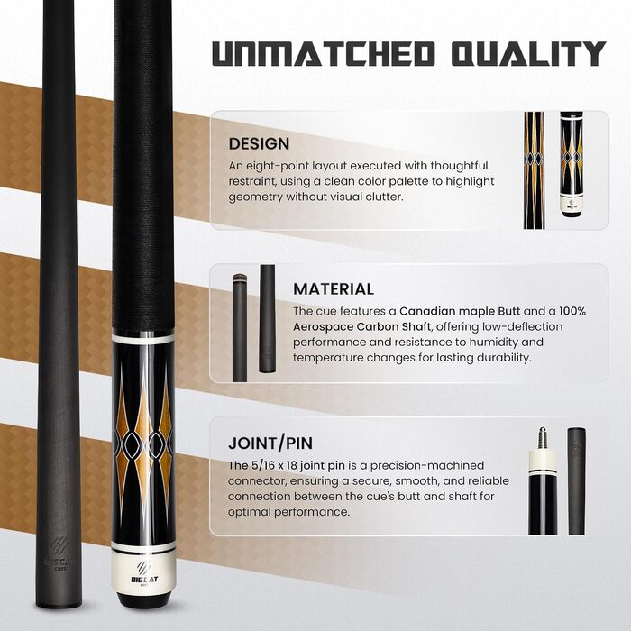 Більярдний кий Big Cat Carbon Gold Series GLD-3, карбоновий шафт Pro Taper 30.5 см, накінечник 12.4 мм, вага 19oz, чорна ірландська лляна обмотка