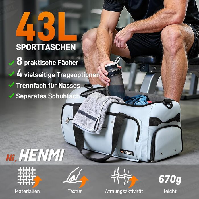 Спортивна сумка HENMI для залу та подорожей, містка сумка для спорту 43Л з відділенням для взуття та вологих речей, складана дорожня сумка (Синя)