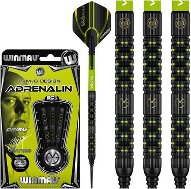 Дротики WINMAU Michael Van Gerwen MvG Adrenalin 22 г професійні, вольфрамові, з м'яким наконечником, комплект з оперенням і стрижнями