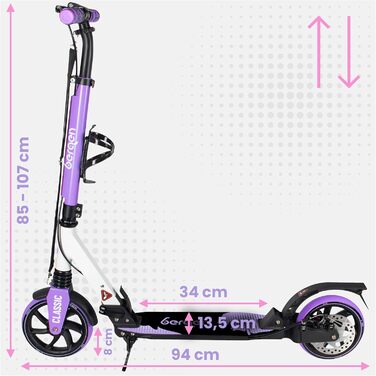 Самокат міський Bergen City Scooter Classic складаний - 200 мм колеса, дискове та ножне гальмо, 2 амортизатори, алюмінієвий, регульована висота, для дітей від 6 років та дорослих до 100 кг, фіолетовий