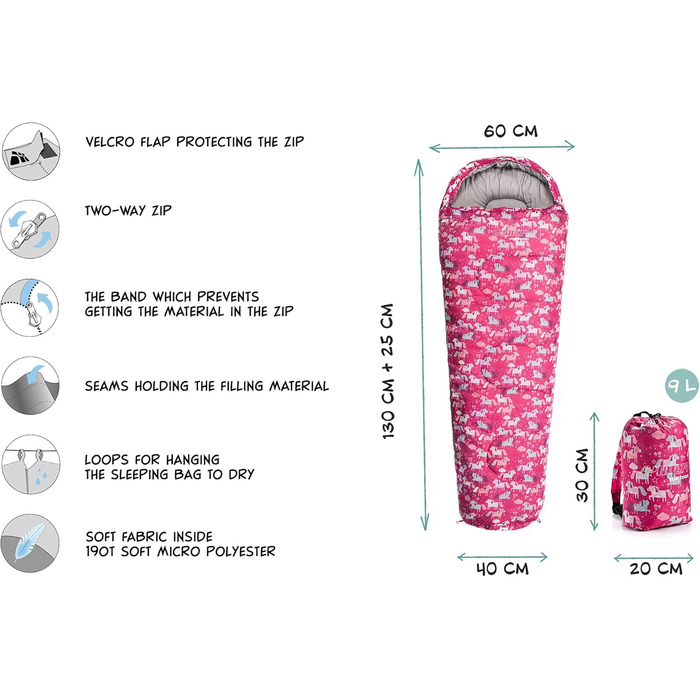 Дитячий спальний мішок Meteor Premium Kinder Ultraleicht для кемпінгу та подорожей. Легкий, з рюкзаком, Unicorn.